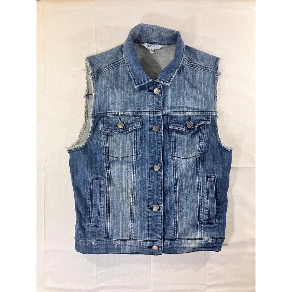 Sapphire Ink Womens Denim Vest Studded‎ Cross Blue Jean Jacket Size L